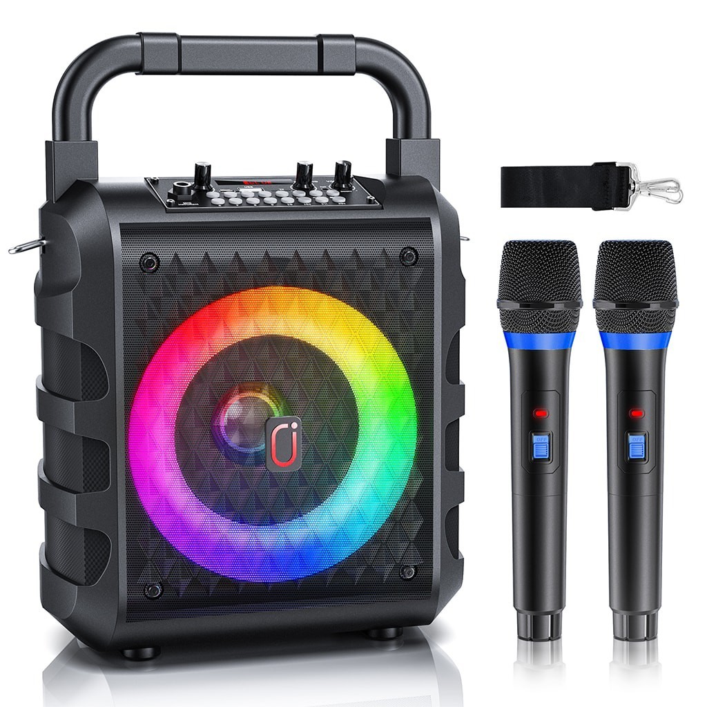 JYX T18T Karaoke Machine w/ 2 Wireless Microphones Bluetooth Speaker LED Lights