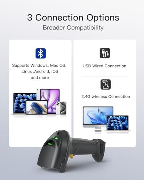 Wireless Barcode Scanner, 1D/2D QR Code Scanner with Smart Base,
