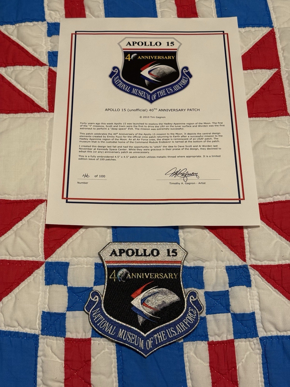 Original LE Apollo 15 40th Anniversary Tim Gagnon Patch 46/100 4.5"