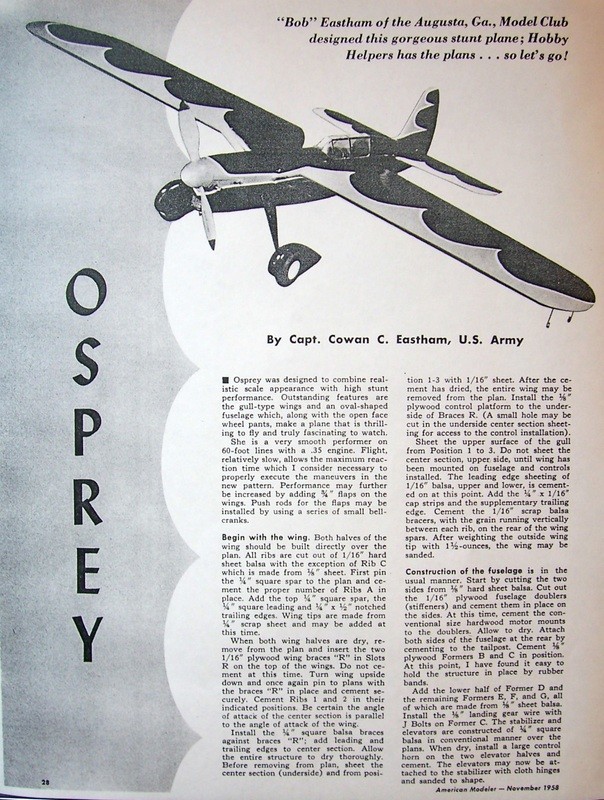 OSPREY PLAN + CONSTRUCTION ARTICLE for a 48" GullWing UC Stunt Model Airplane