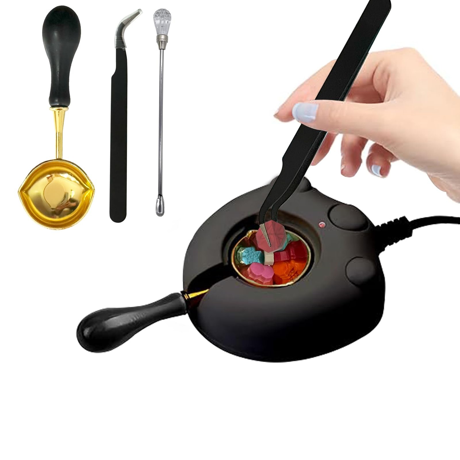 Black Electric Wax Seal Warmer Kit with Spoon, Tweezers and Stir 01Black