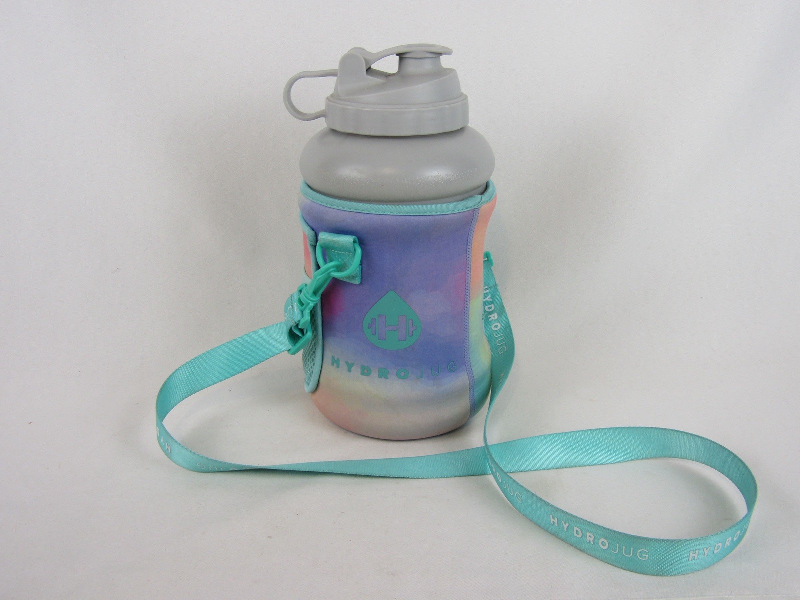 HydroJug 73oz w/Neoprene Sleeve-Gray Jug/Rainbow Sleeve-Strap-Pocket-EUC