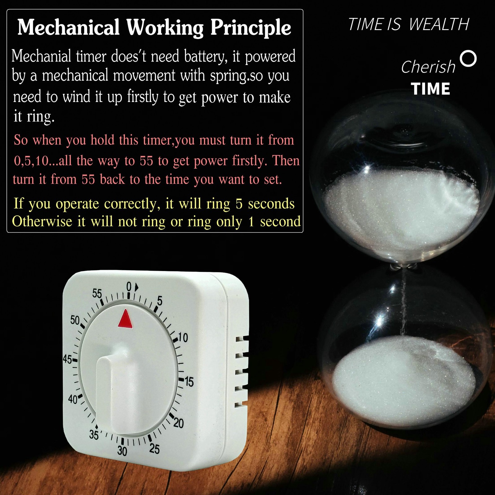 Square 60 Minute Mechanical Kitchen Timer - Visual Kitchen Cooking Timer Cloc...