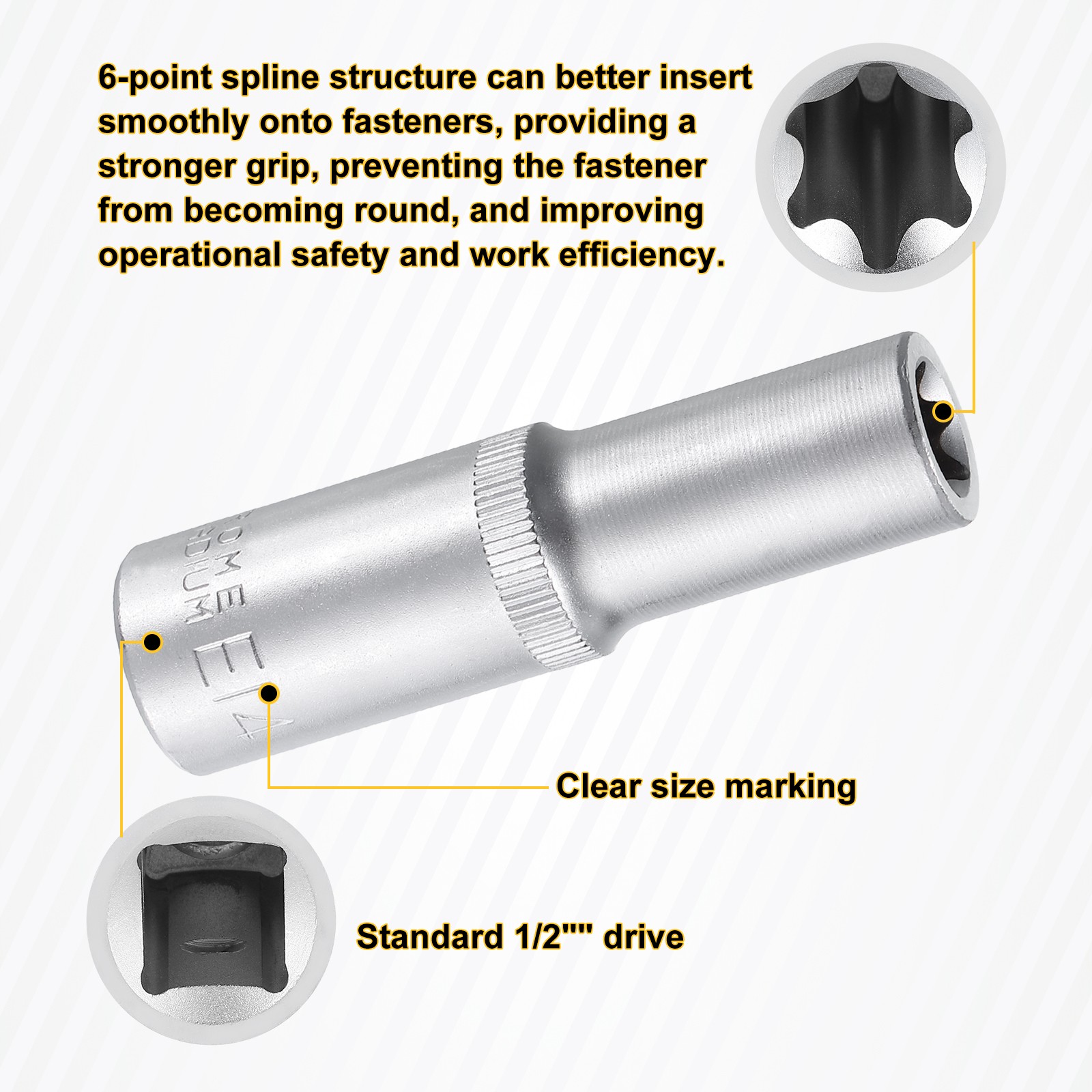 E-Torx Socket 1/2" Drive E14 External Torx Deep Socket CR-V 6 Point Star Socket