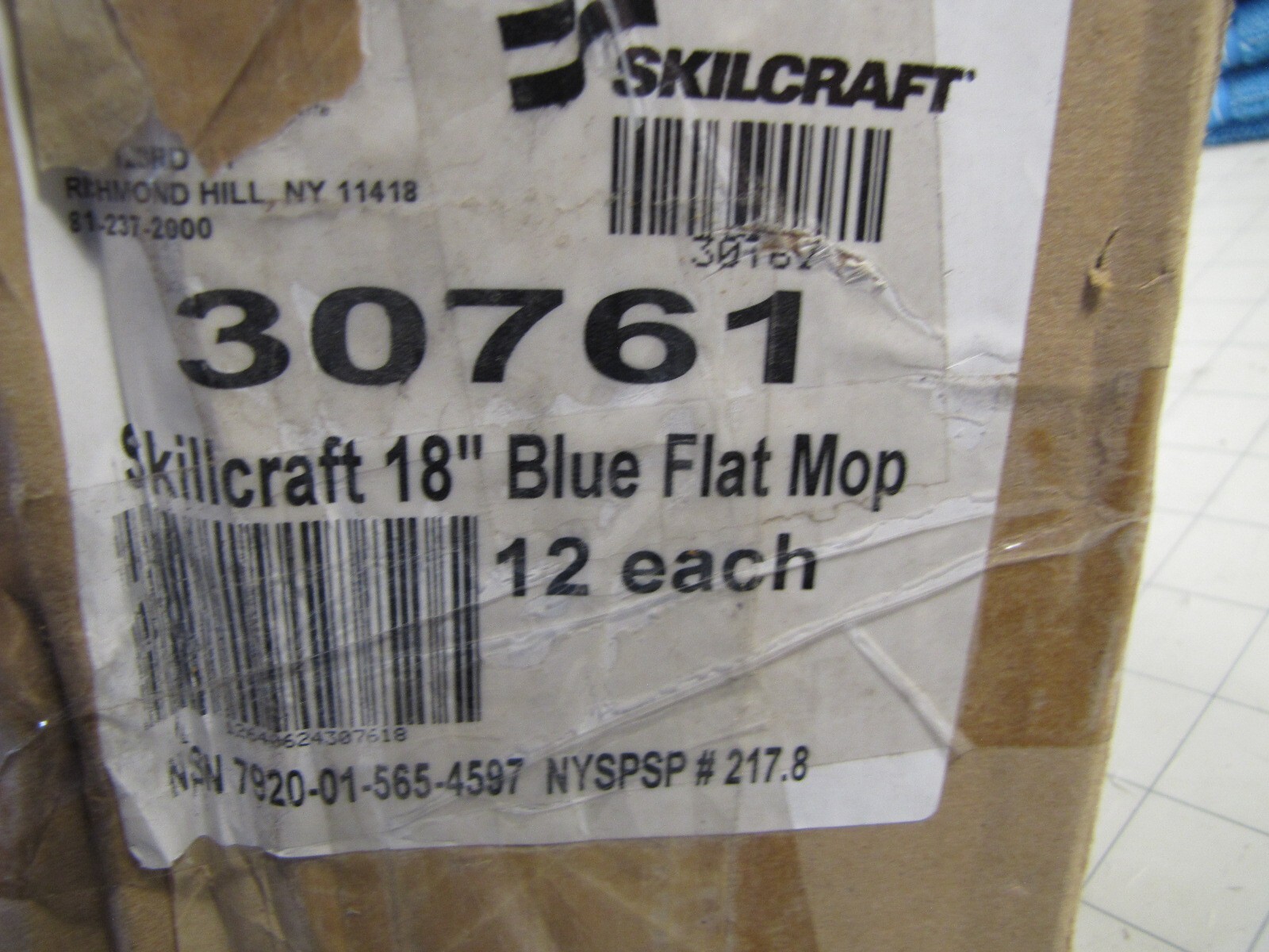 12-pk Skilcraft 30761 18" Blue Flat Mop Head Hook & Loop Connection NEW