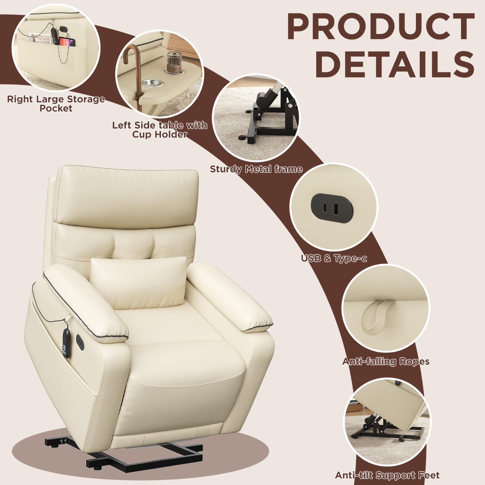 Power Lift Recliner Chair for Elderly, Faux Leather Dual Motor Power Recline Cha