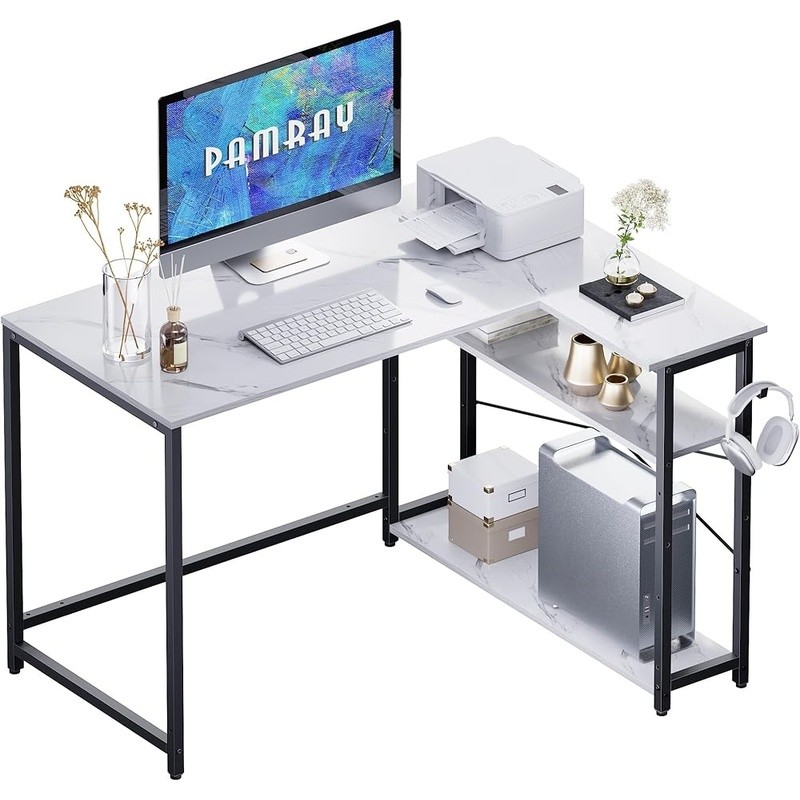 L-Shaped Computer Desk W/ Reversible Shelves Ample Storage Home Office Gaming US