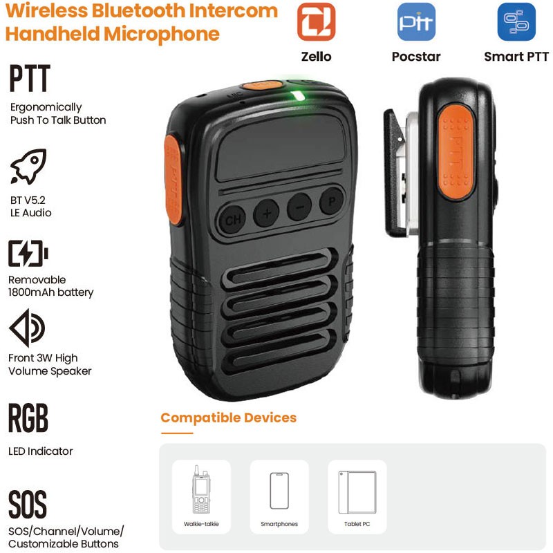 UNIWA BM008 Wireless BT Handheld Microphone For ZELLO Radio Walkie Talkie