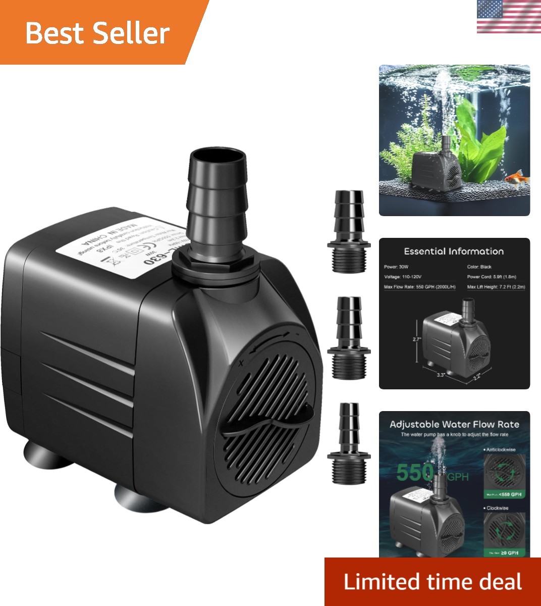 Multi-Functional 550GPH Submersible Pump - Ideal for Aquariums & Water Features