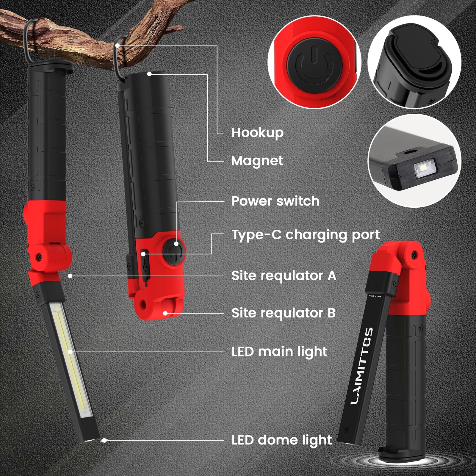 LAIMITTOS Rechargeable Work Light 2200mAh Magnetic LED Work Light Flashlight ...