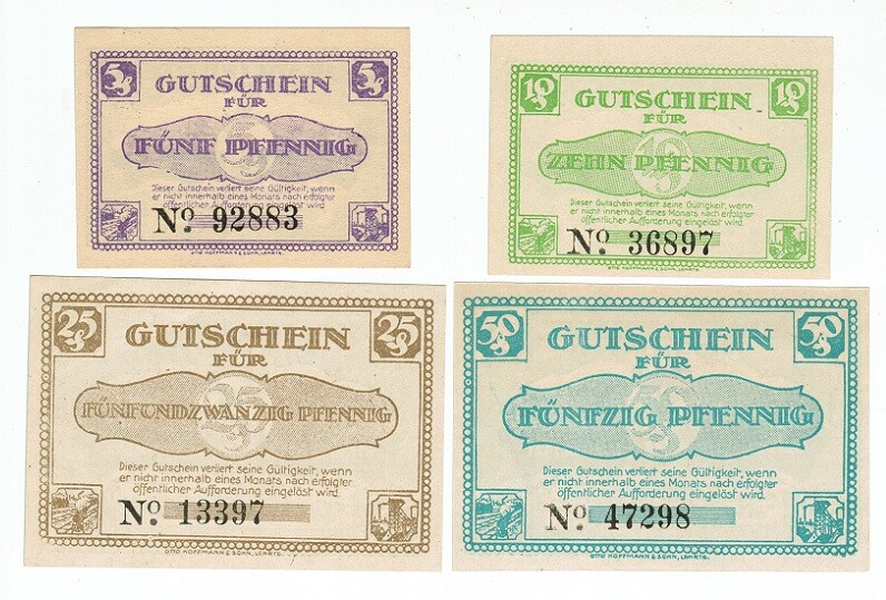 SET OF 4 GERMANY NOTGELD 5.10.25.50 PFENNIG STADT-LEHRTE 1921 UNC