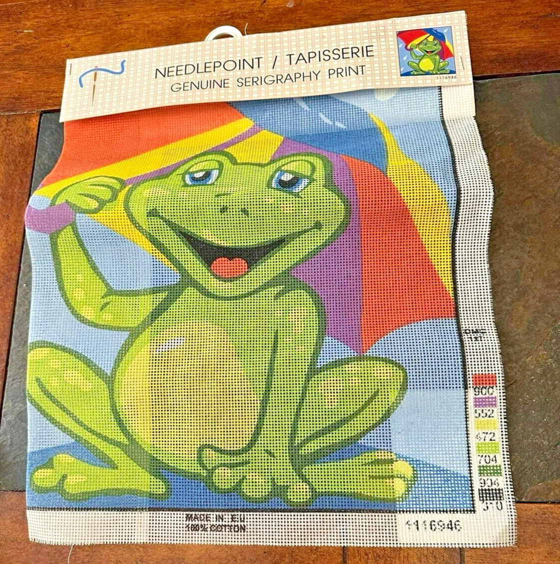 Needlepoint Canvas Frog with Umbrella  #1116946 15.7" x 15.7" Floss list on back