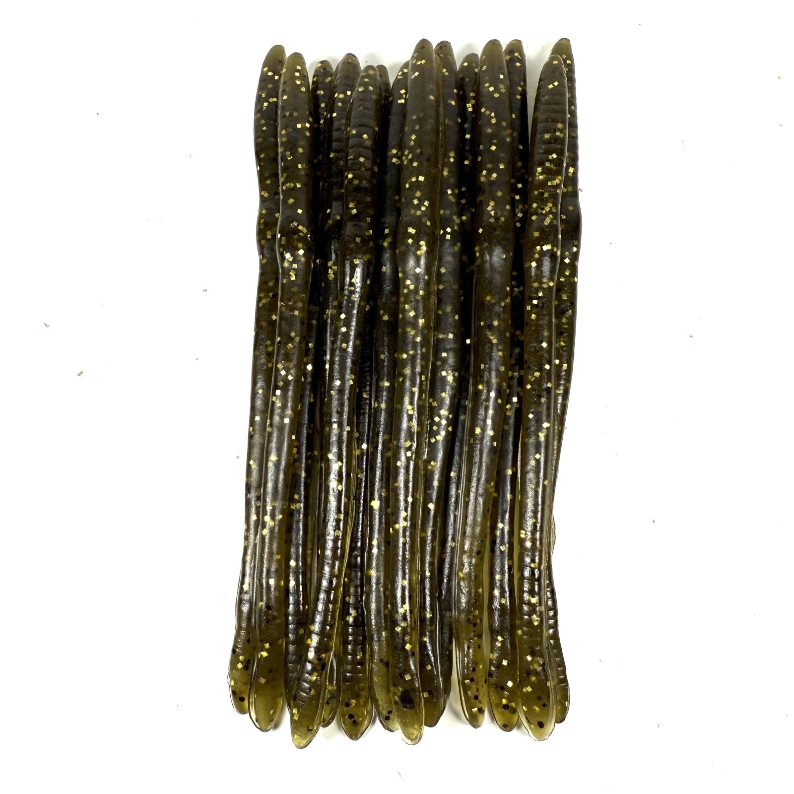 15 Hand Poured 5.75 Finesse Plastic Worms. “Green Pumpkin Gold”