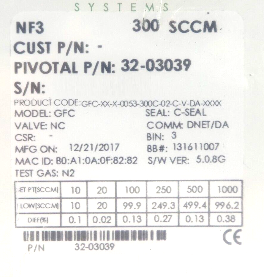 Pivotal Systems 32-03039 Mass Flow Controller MFC 300 SCCM NF3 New Surplus