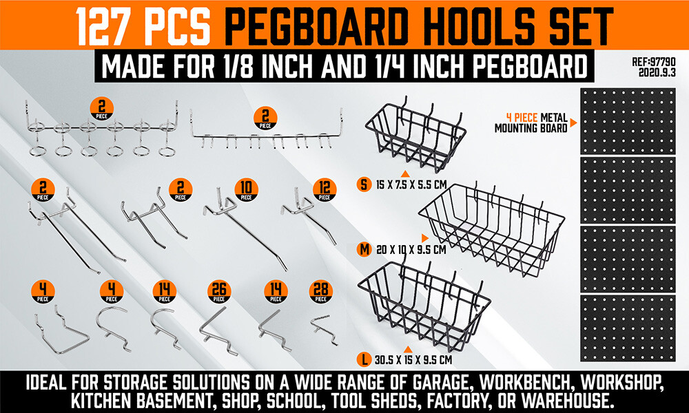 127-Pc Pegboard Hooks Set Assortment with 3 Baskets Organizing 4 Small Pegboard