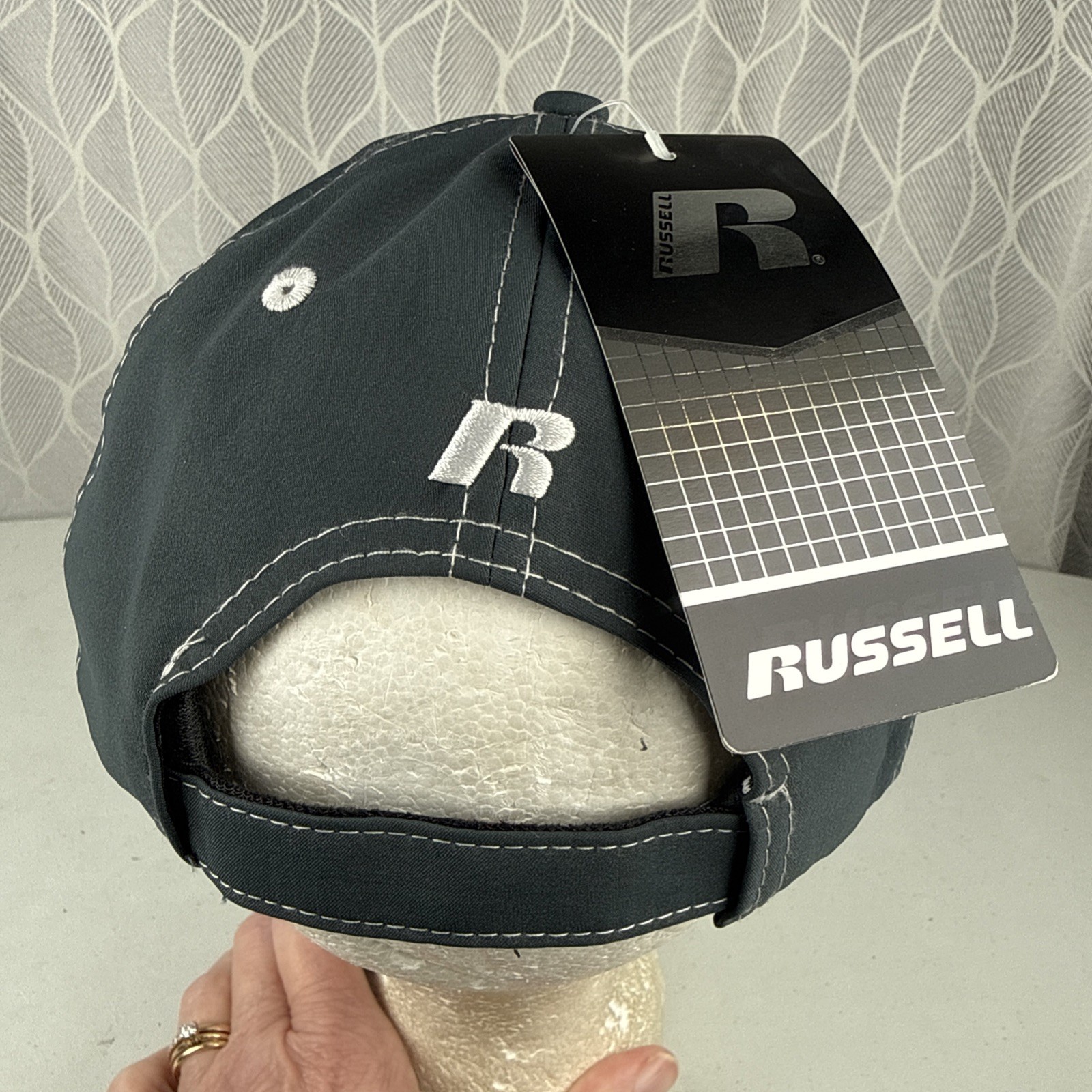 Russell R White Shiny on Gray Blue Hat Cap S/M Hook Loop NWT