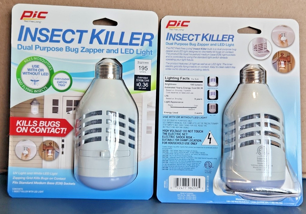 2 Pack NEW PIC Insect Killer 2-in-1 Bug Zapper LED Light Kills Bugs (E)