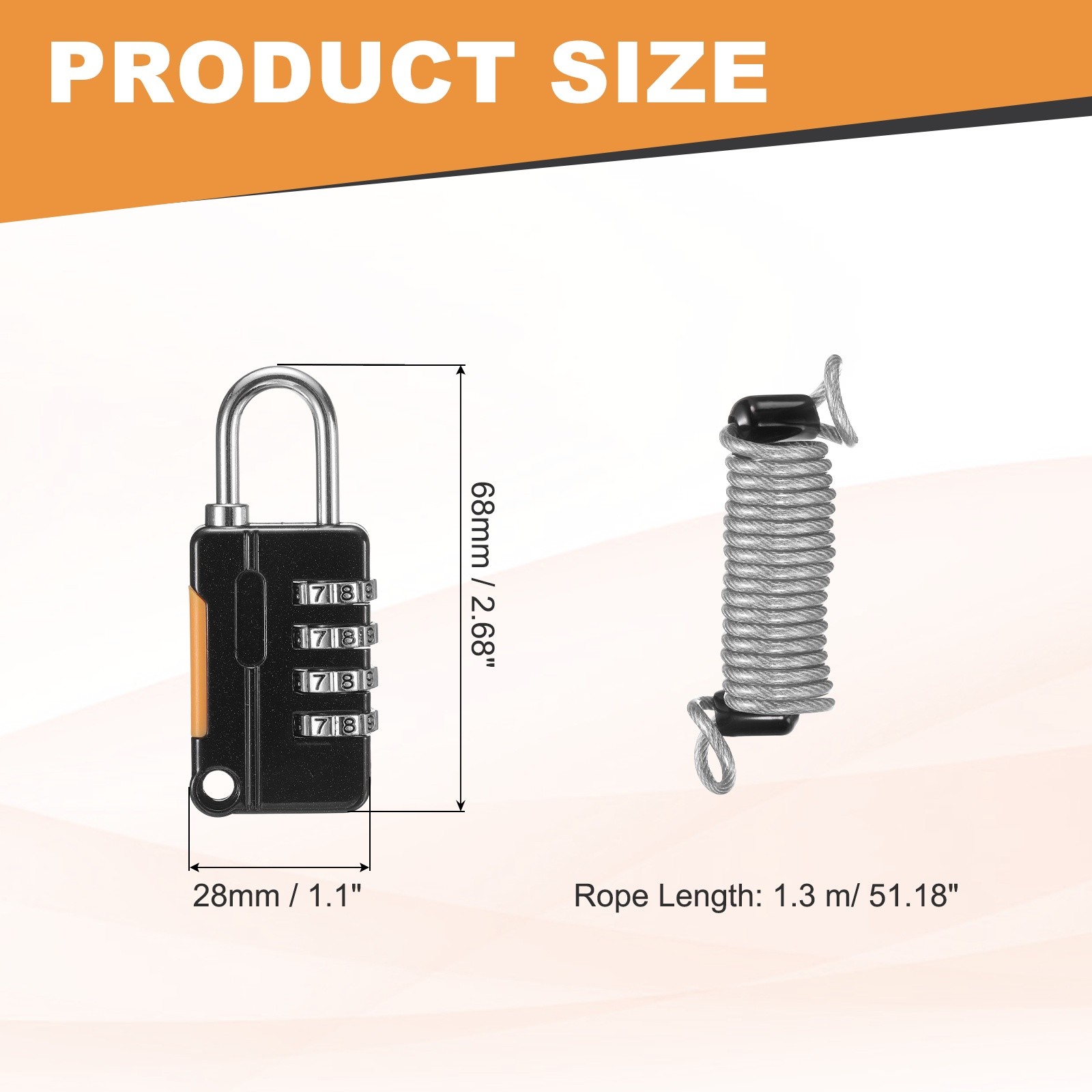 Luggage Lock, 4 Digit Combination Padlock with Flexible Silver Cable (130cm)