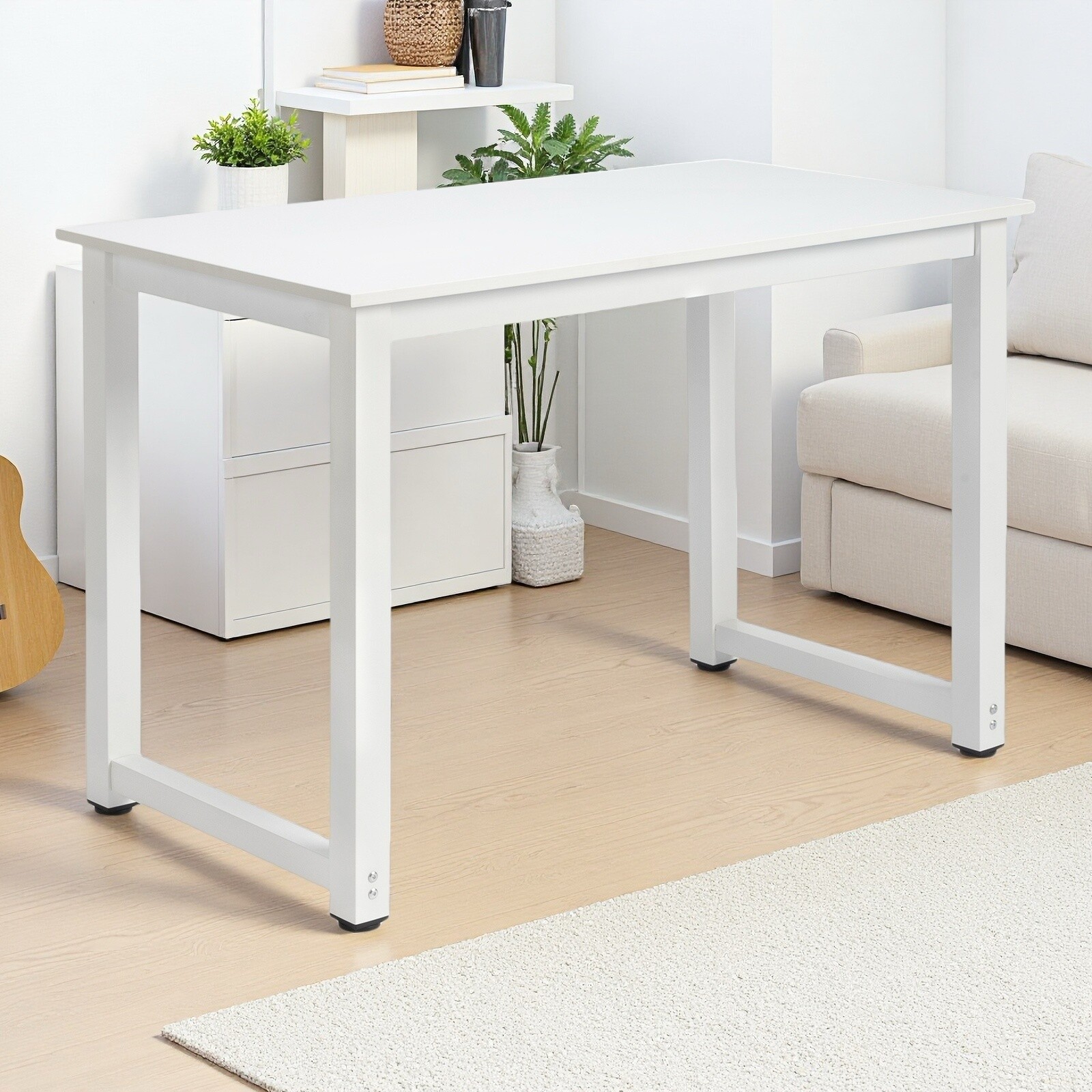 Simple Computer Desk - Portable, White, Steel White Frame & Adjustable Foot Pad