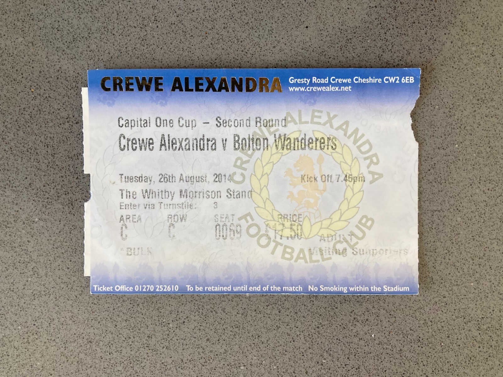 Crewe Alexandra v Bolton Wanderers 2014-15 Match Ticket