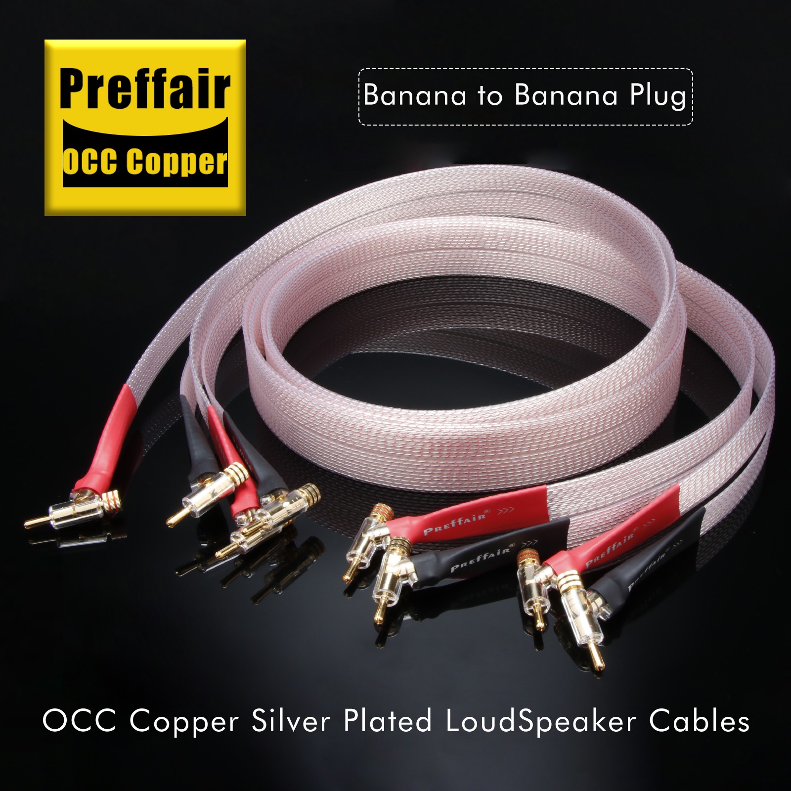 Pair  OCC Silver Plated Ribbon Flat Audio Speaker Cable 45 Degree Banana Plugs
