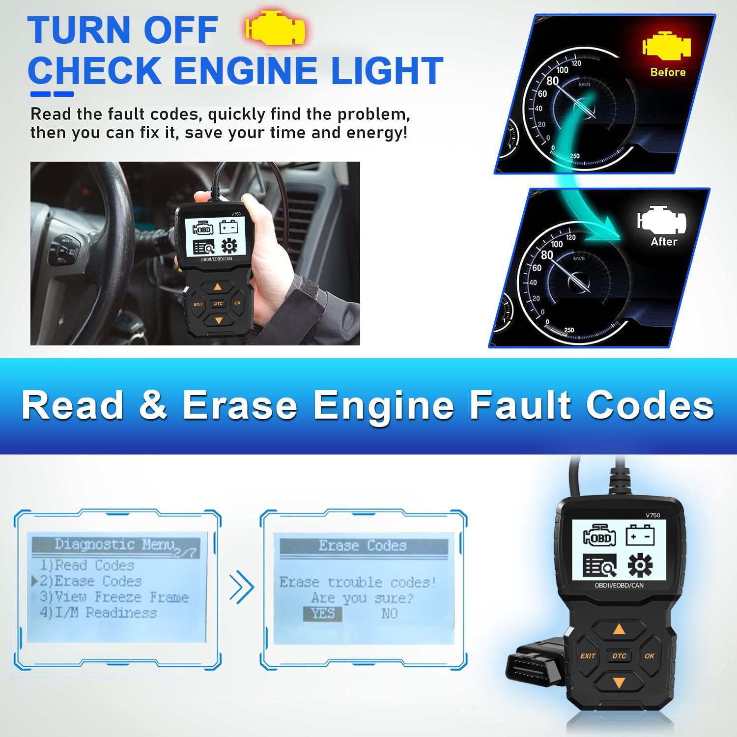 iKiKin V750 OBD2 Code Reader OBD Scanner Engine Diagnostic Tool for 12V Car