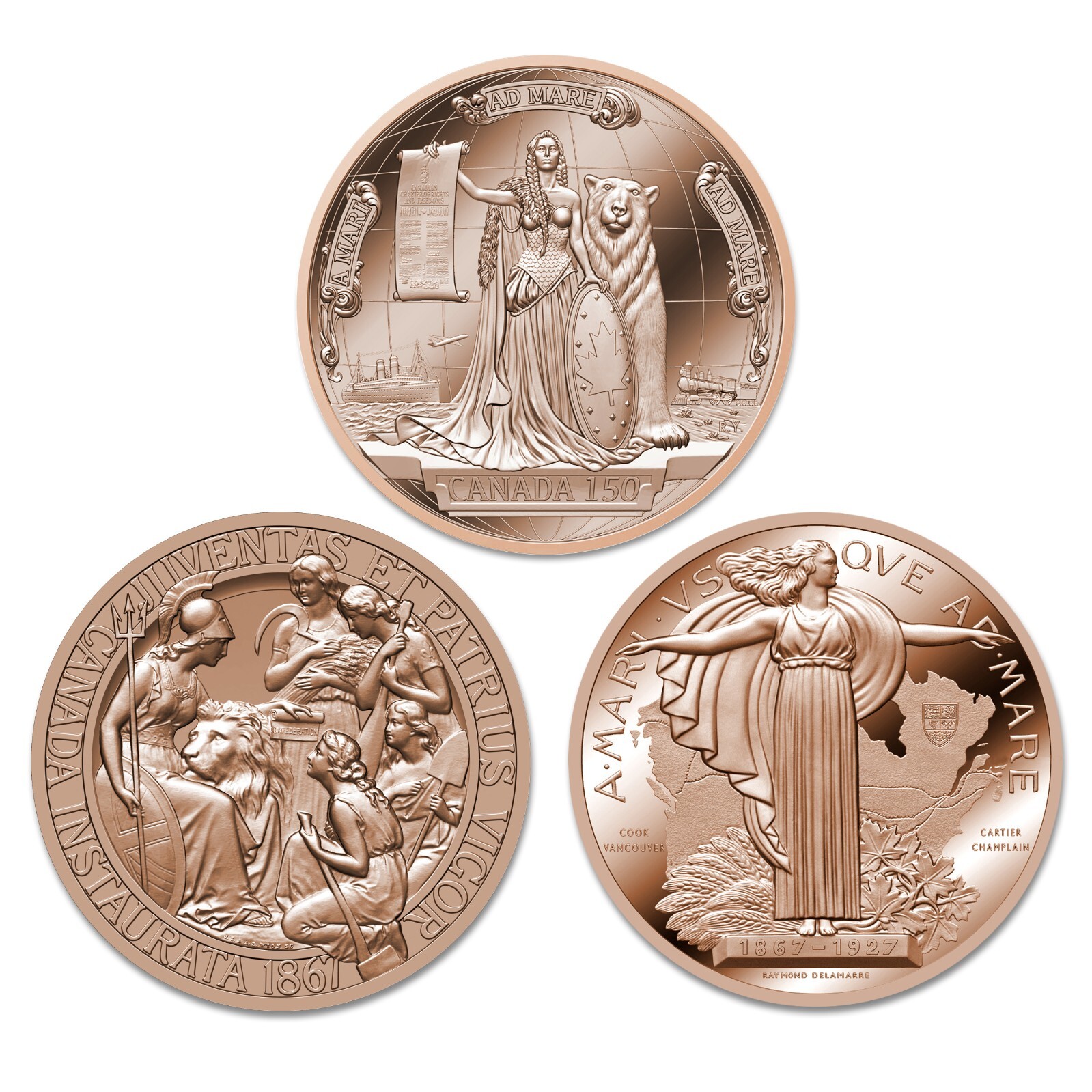 Set of 3 Bronze Canadian Medals - 1867, 1927, and 2017 in Brilliant Finish