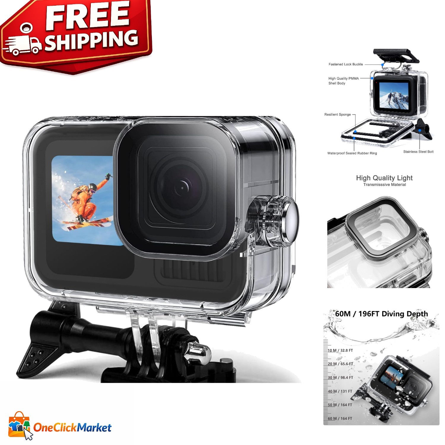 GoPro Waterproof Housing Case for Hero 13/12/11/10/9 - 60M Depth Protection