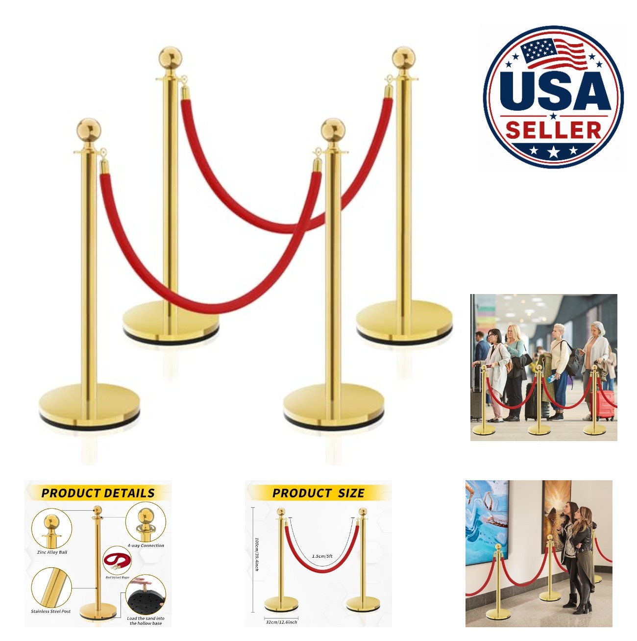 Crowd Control Rope Barrier 5ft Red 4 Pack Stainless Steel Fillable Base Stands