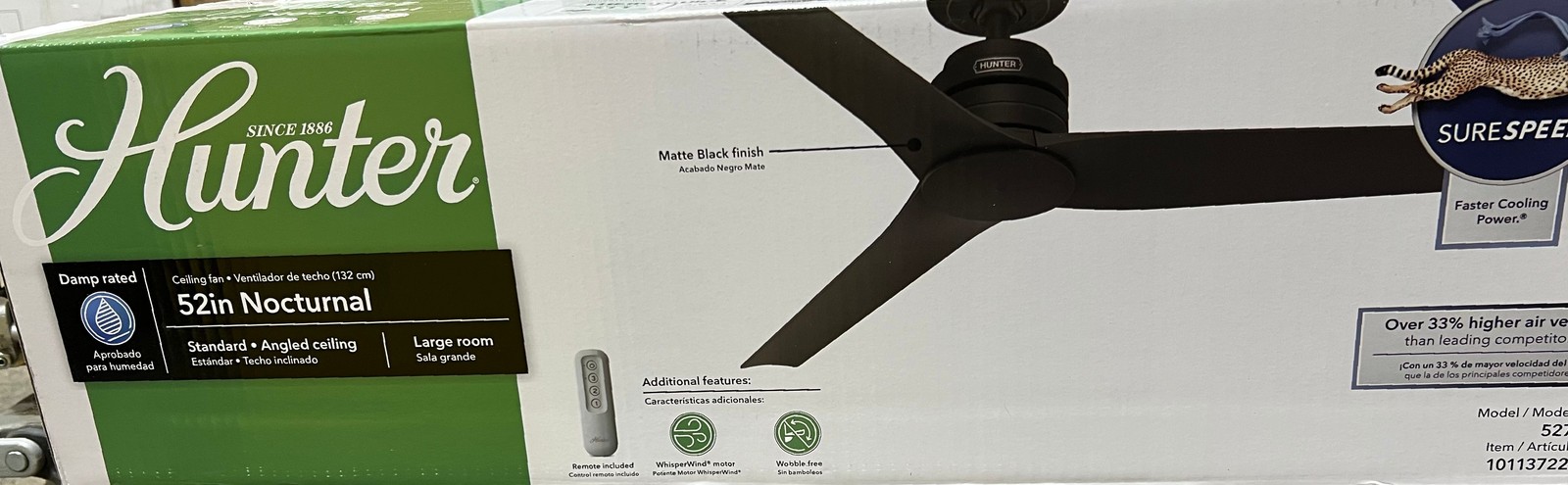 Hunter Nocturnal 52in. Indoor/Outdoor Matte Black Ceiling Fan with Remote SEALED