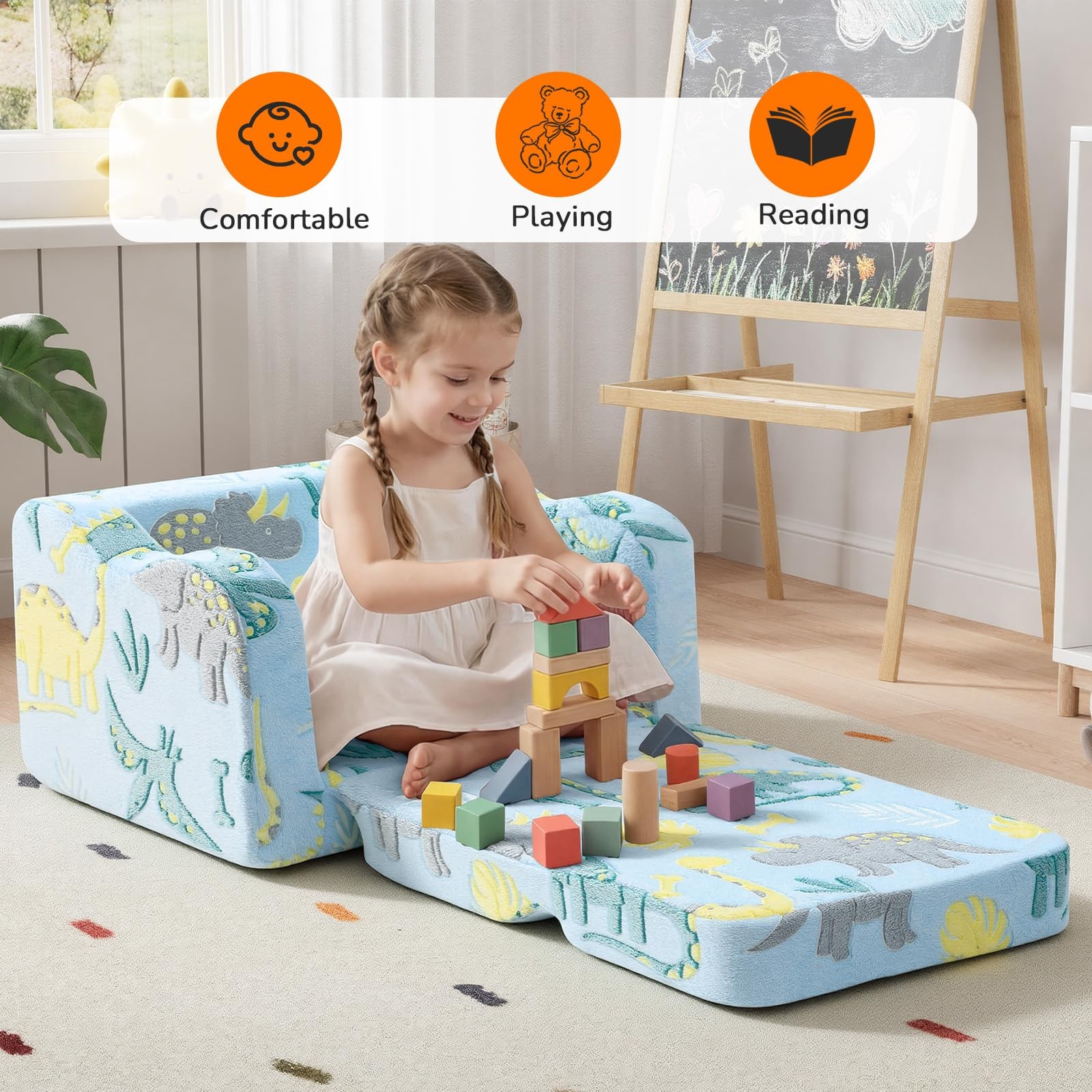 Glowing Dinosaur Chair, 2-in-1 Convertible Couch Fold Out to Lounger, Glow-in...
