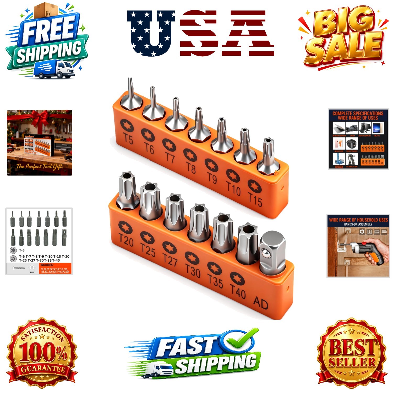 14-Piece Tamper Resistant Star Bits, S2 Alloy Steel, T5 - T40 Security Torx B...