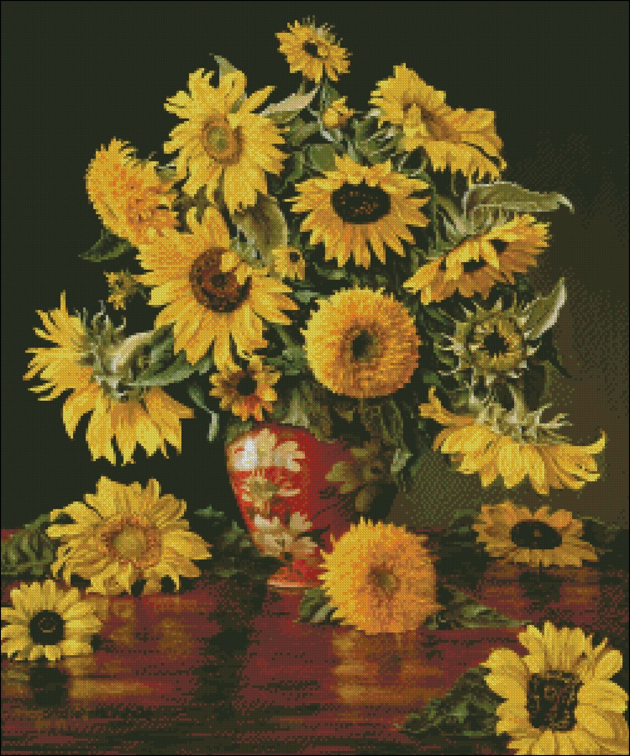 Sunflowers in a Crimson Vase - Chart Counted Cross Stitch Patterns Needlework
