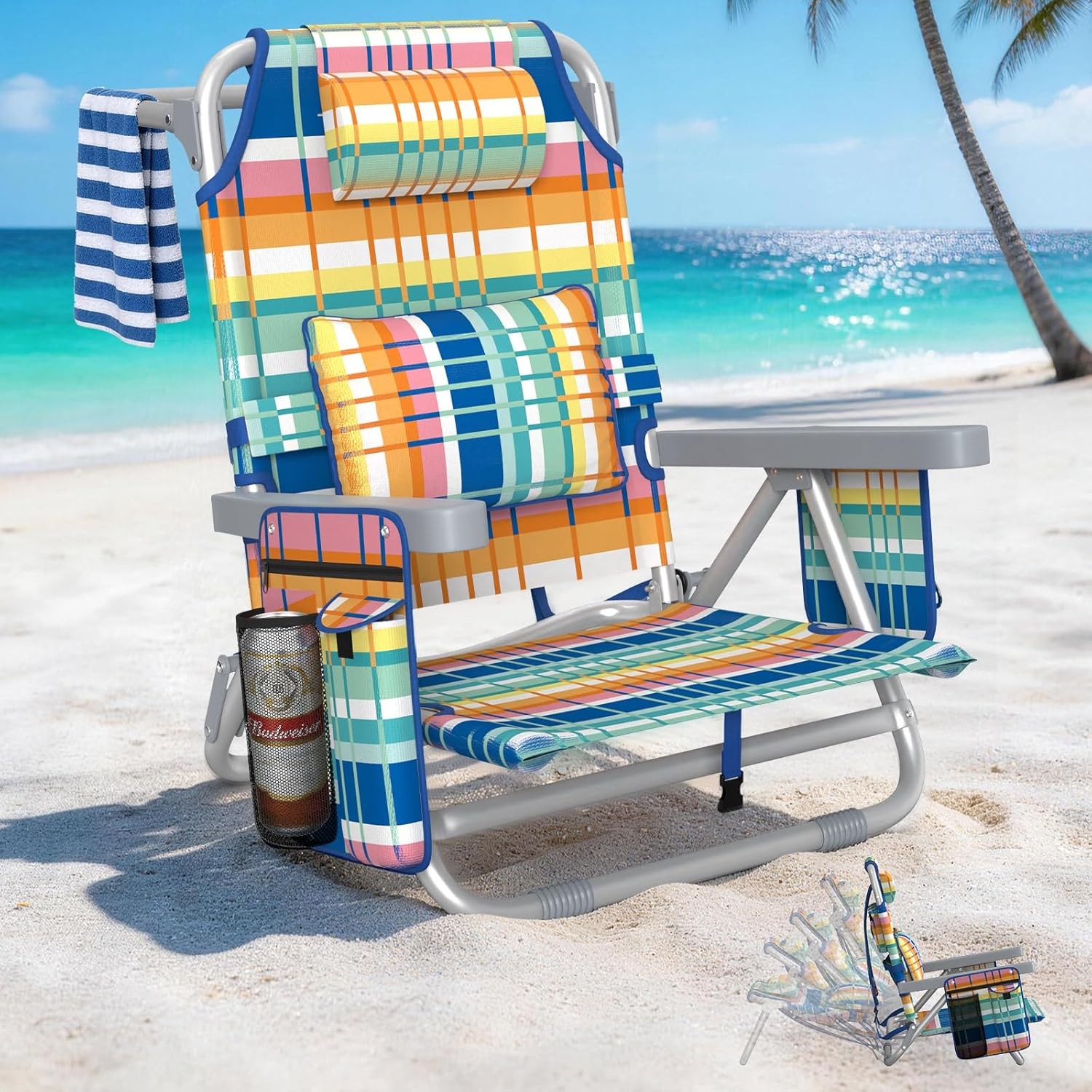 5-Position Backpack Beach Chair for Adults with Lumbar, Foldable Tall Heavy-Duty