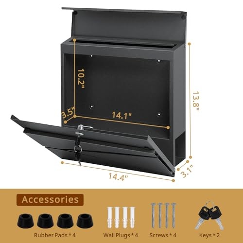 Lockable Wall Mount Mailbox with 2 Keys - Extra Large Capacity Gray