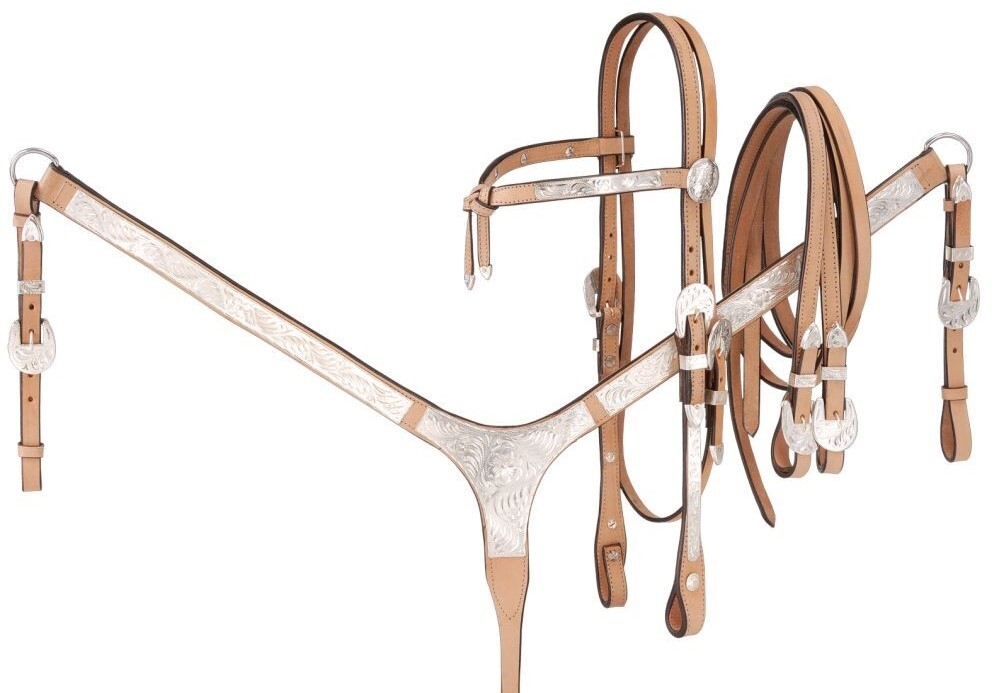 Silver Show Futurity Brow Headstall - Reins - Breastcollar - Light Oil Leather