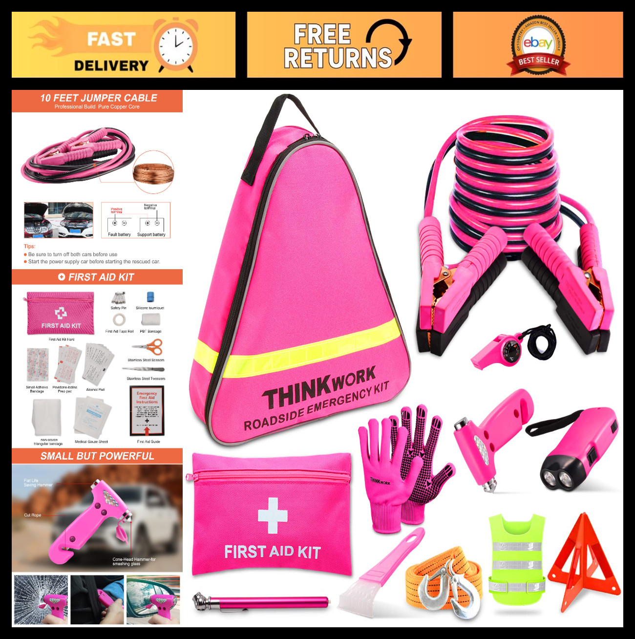 Emergency Car Kit for Women - Pink Roadside Assistance, Jumper Cables, First Aid