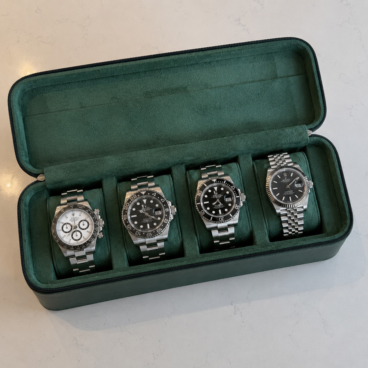 Green Genuine Leather 4 Slot Watch Box Zip Case Suede Interior Travel Quality