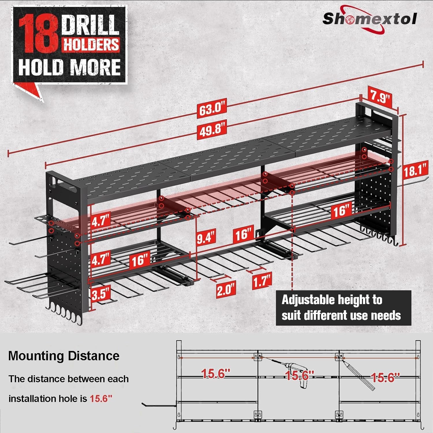 49.8" Power Tool Organizer Wall Mount 4-Layer Heavy Duty Tool Rack