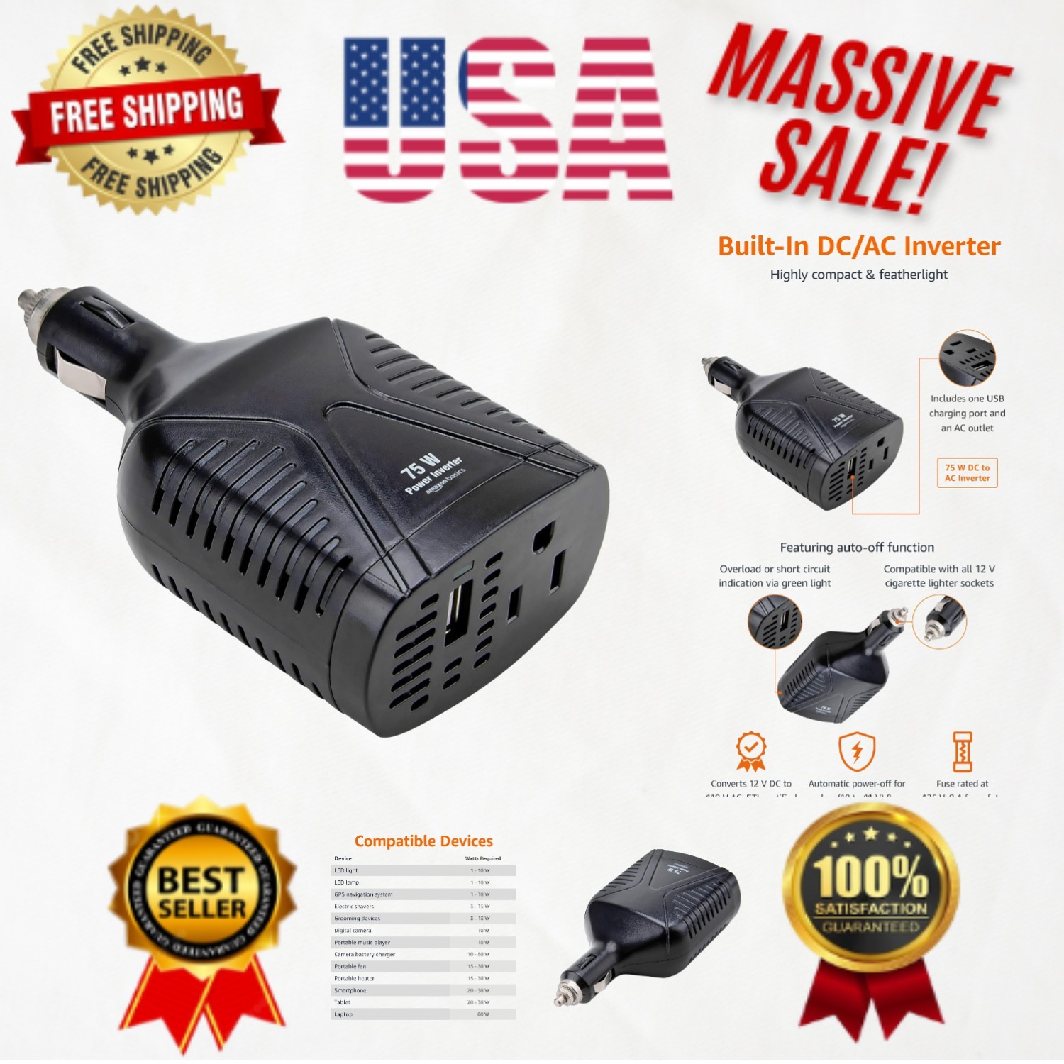 75W Compact Car Power Inverter 12V to 110V - Perfect for Travel & Camping