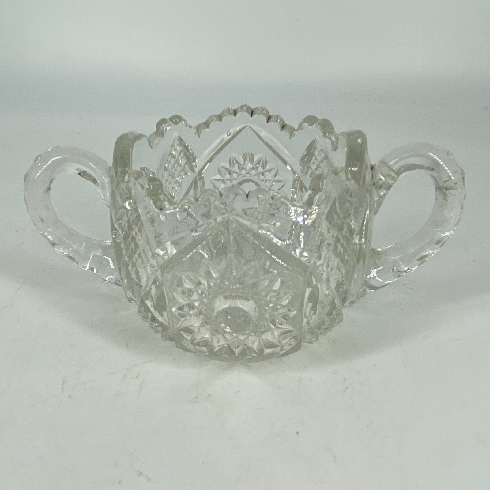 Vintage Starburst Pattern Clear Glass Open Sugar Bowl 2 Handles