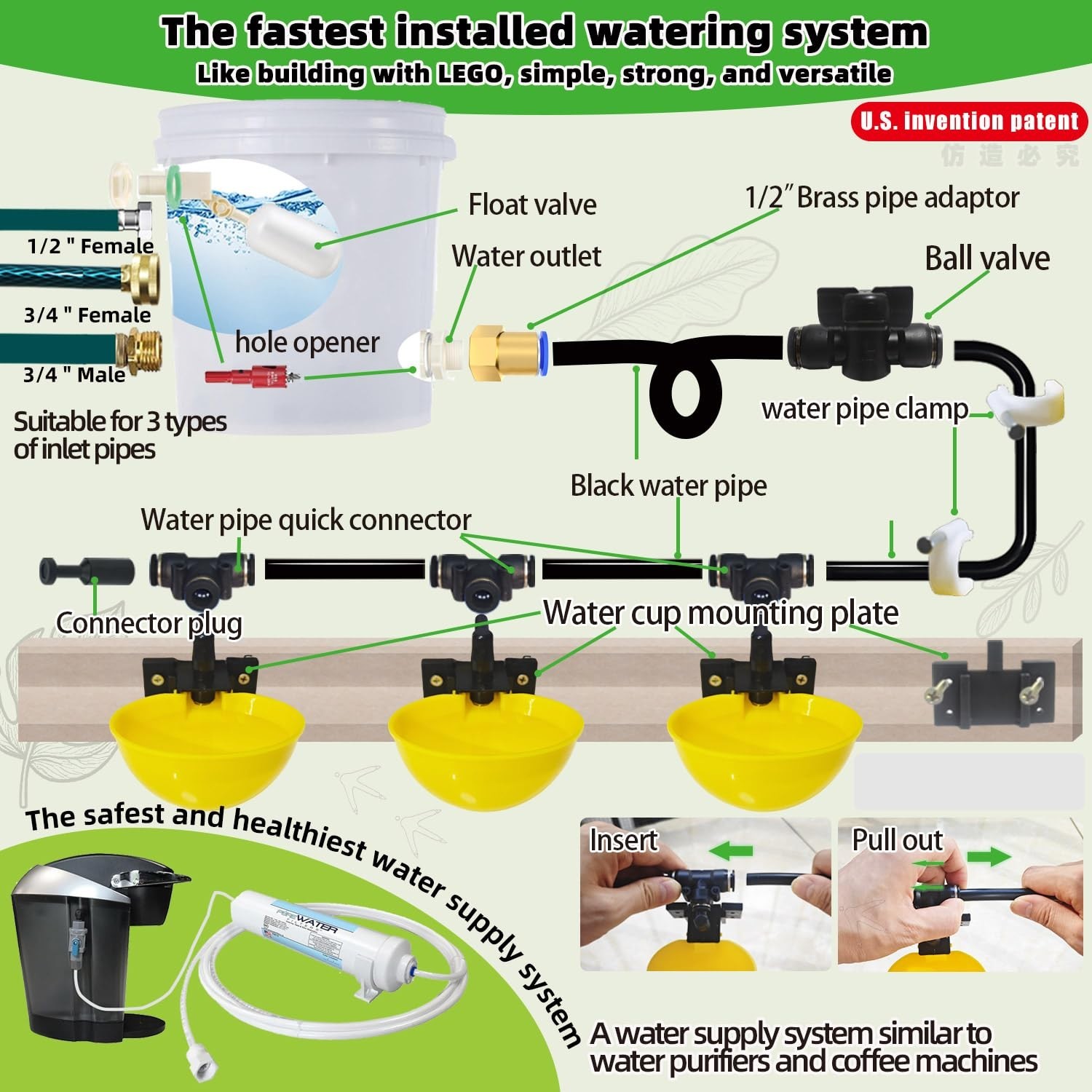 Automatic Chicken Waterer System - 21ft Quick-Connect Pipeline, 10 Large Washabl
