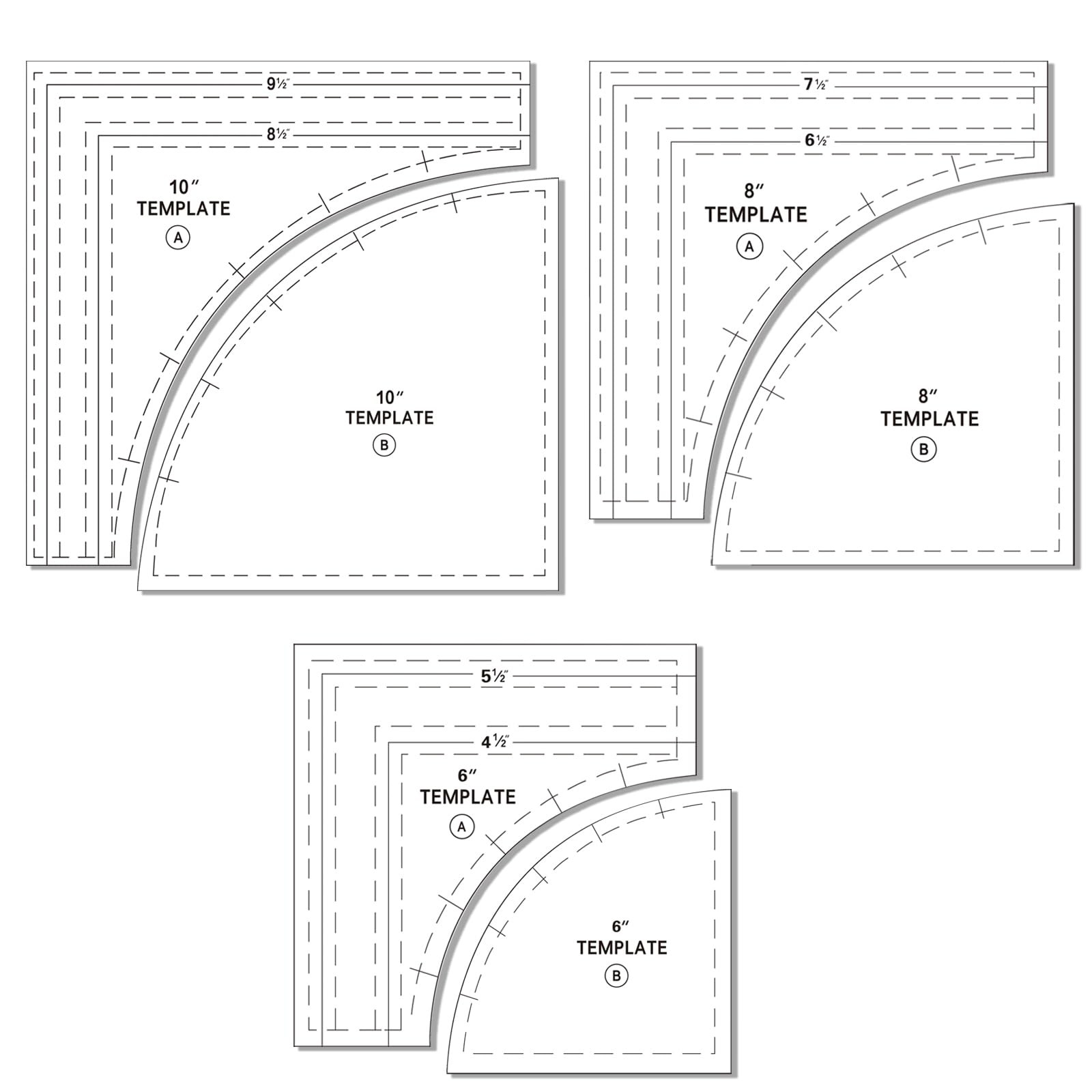 6 Set Drunkards Path Quilting Templates Large Quilting Rulers 10 8 6 Inch and...