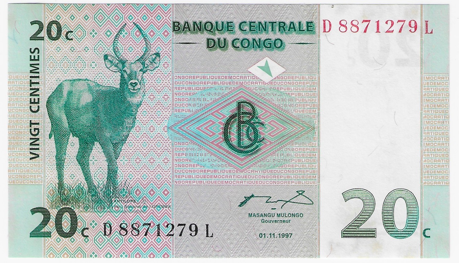 CONGO (Republic) - 20 Centimes 1997 P 83a AU Light Staining