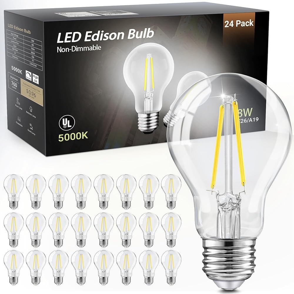 12 A19 LED Filament Bulb E26 Base 5000K Daylight Glass Bulb, 120V Non-Dimmable
