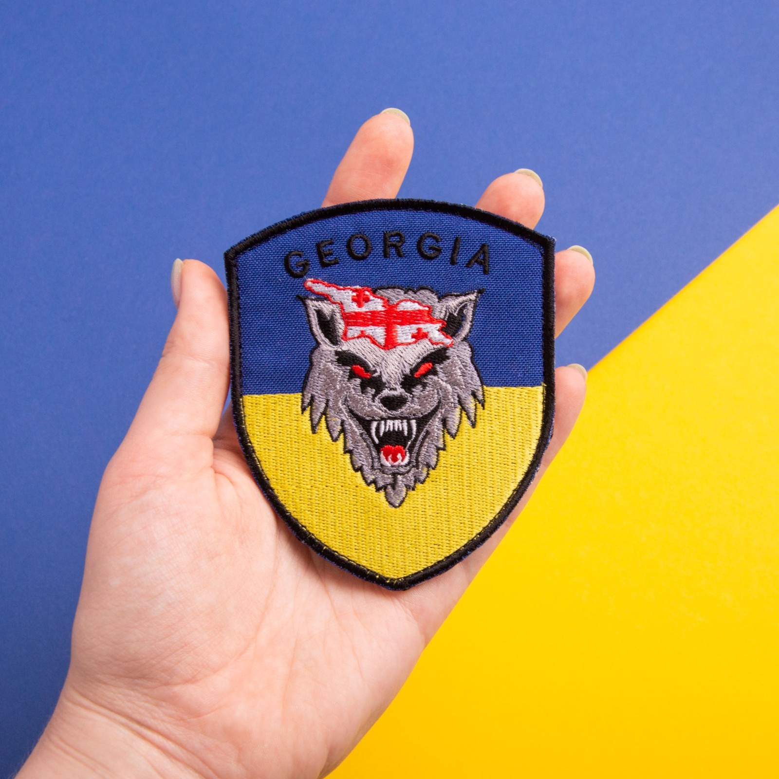 Georgia – Wolf Over Ukrainian Flag Patch 8х10 cm Shield Shape Hook Backing