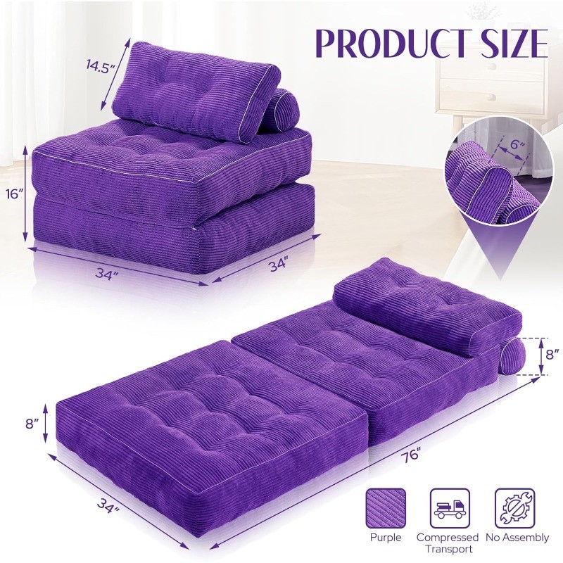 Folding Sofa Bed, Convertible Sleeper Chair Bed w/Dual-Pillow & Handle, Foldable