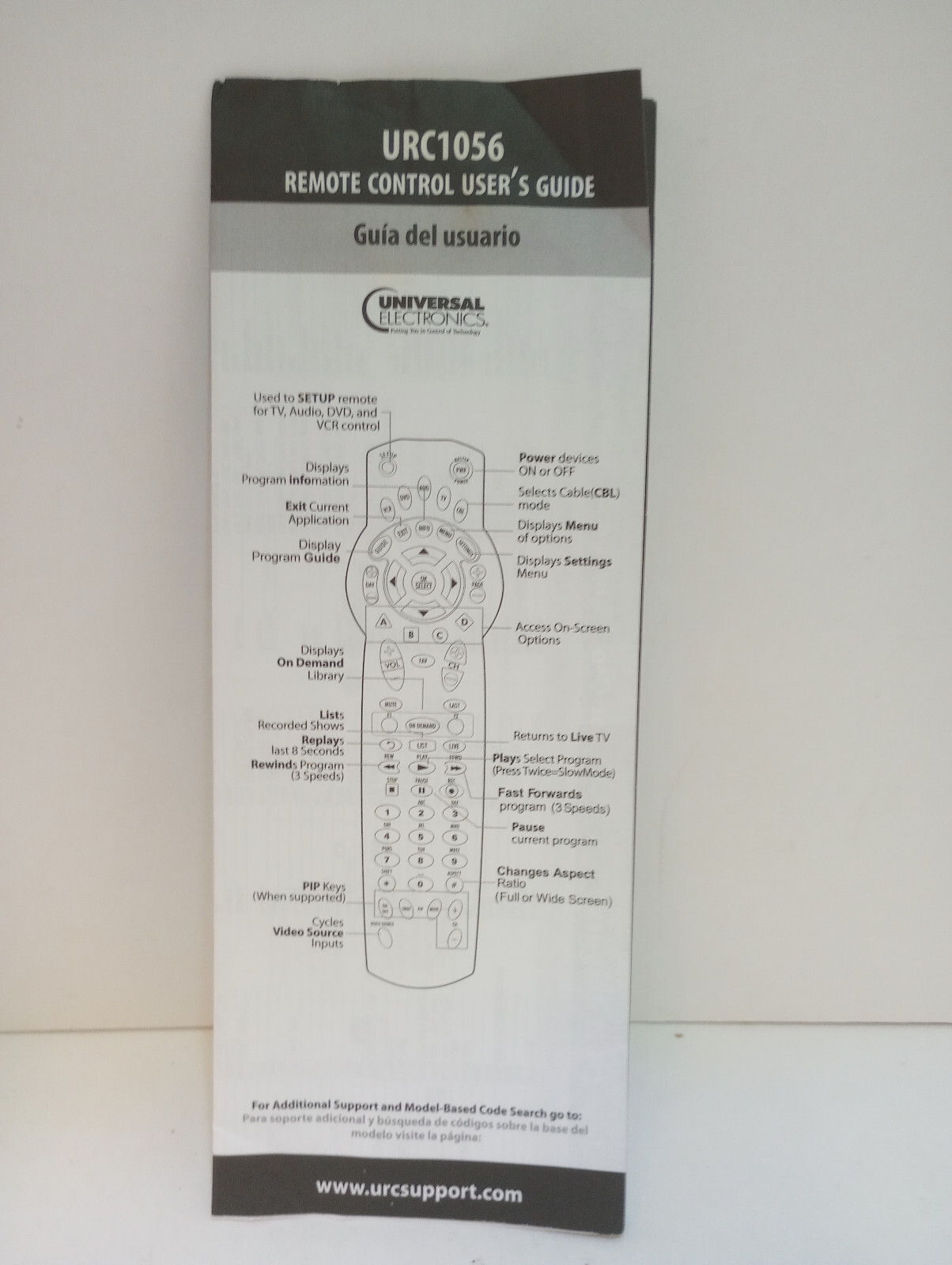 Universal Remote URC1056 Paper Manual English Enspanol TV VCR DVD Codes