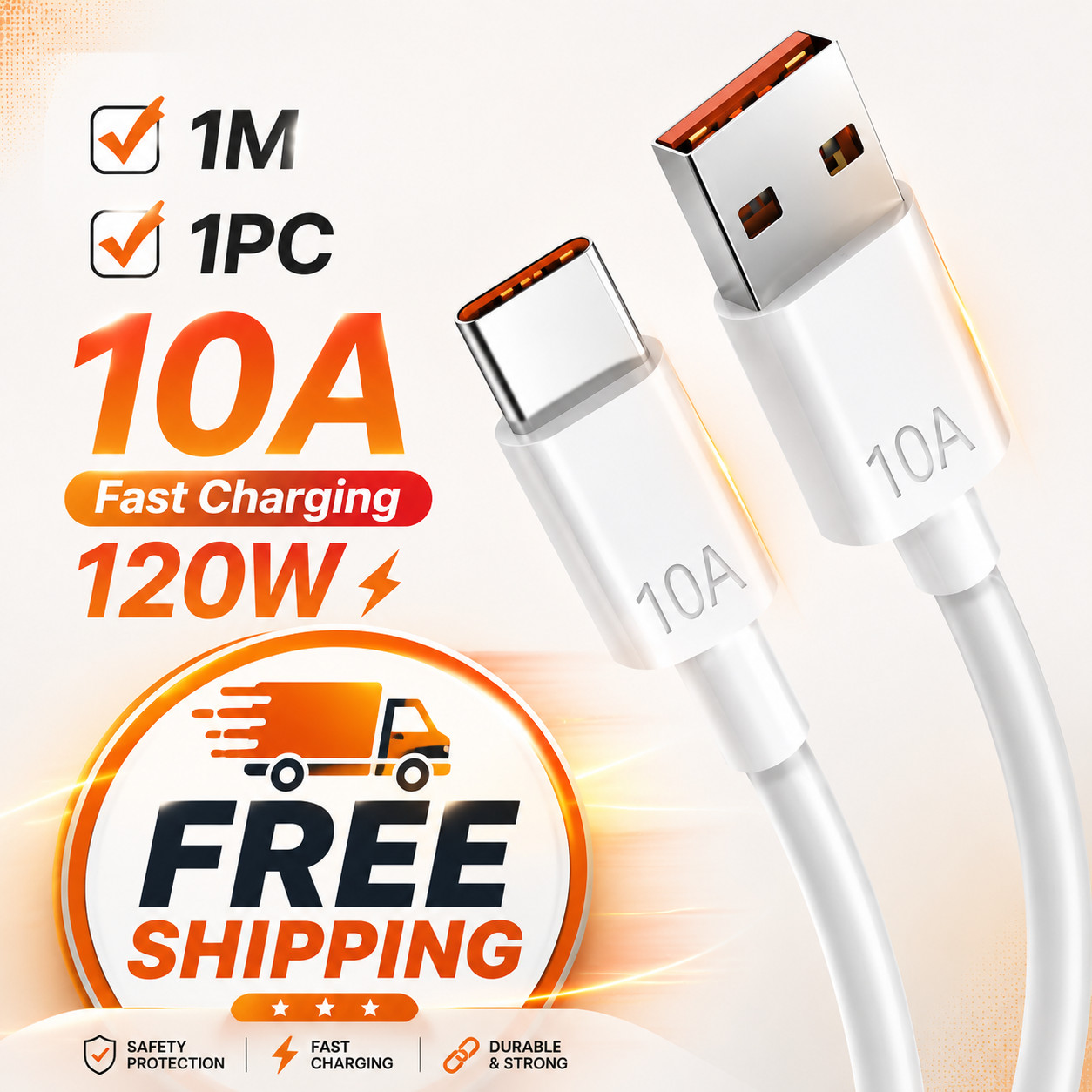 120W USB to USB C Fast Charging Cable 10A Data Sync Cord 1M for Android