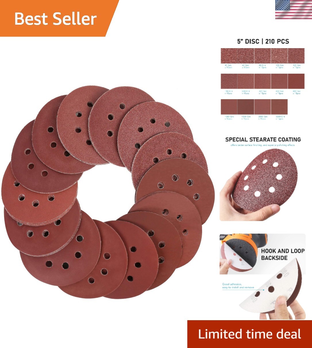 Professional 210-Piece Aluminum Oxide Sanding Discs, 5" for Smooth Finishing